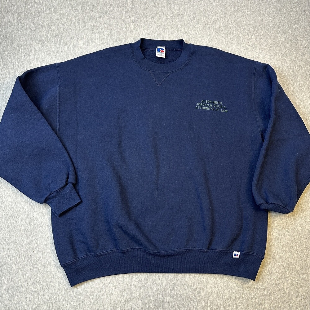 VTG 90s Russell Athletic Embroidered Crewneck Sweatshirt XXL Navy Blue USA Made